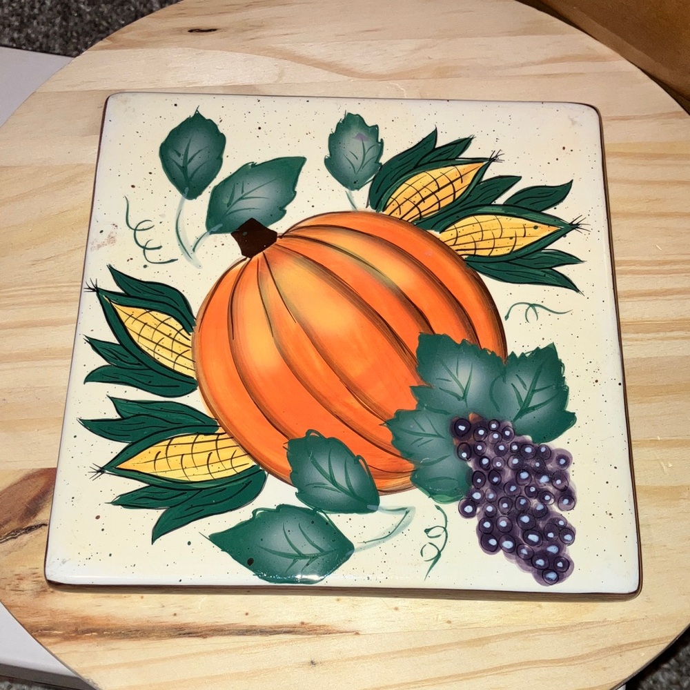 Festive Pumpkin and Corn Ceramic Tile Decor Hand Painted 6” Squared